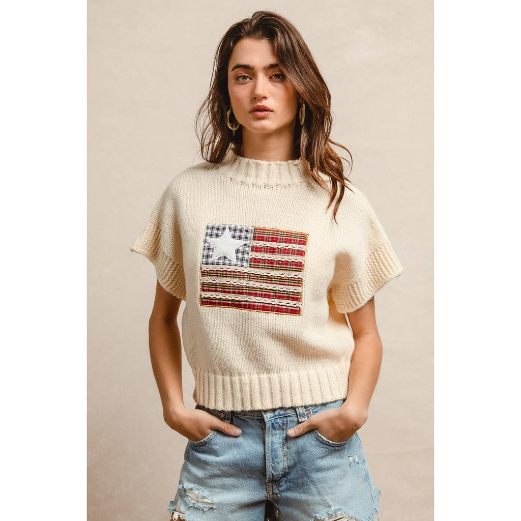 AMERICAN FLAG PATCHWORK DROP SHOULDER SWEATER