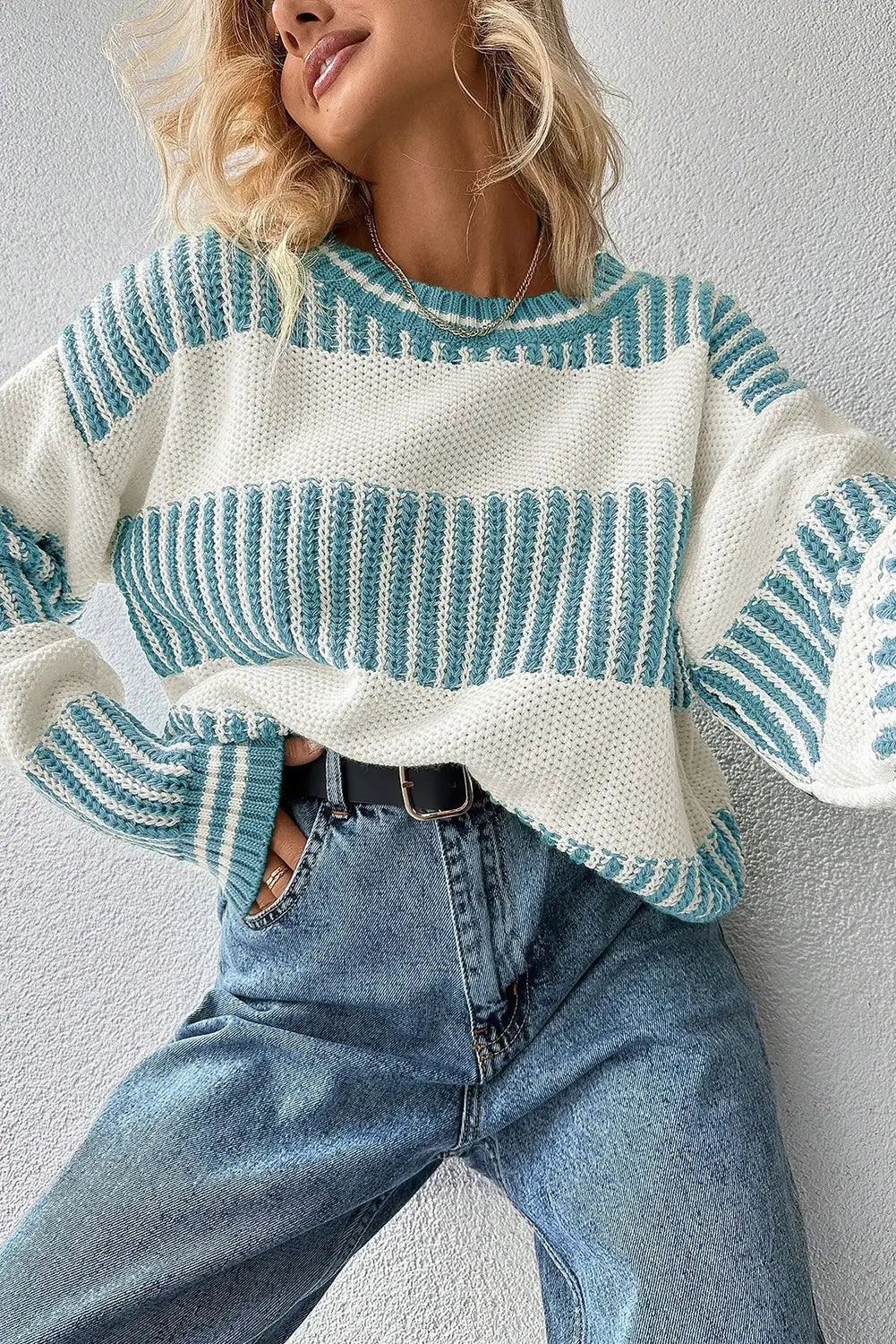 Two Tone Striped Patchwork Drop Shoulder Loose Sweater