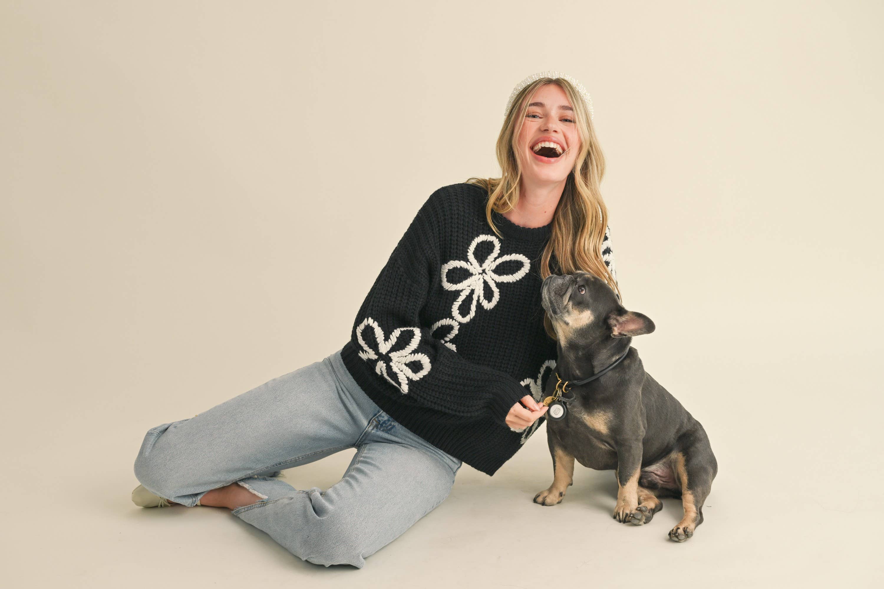 FLORAL CONTRAST STITCH PULLOVER SWEATER