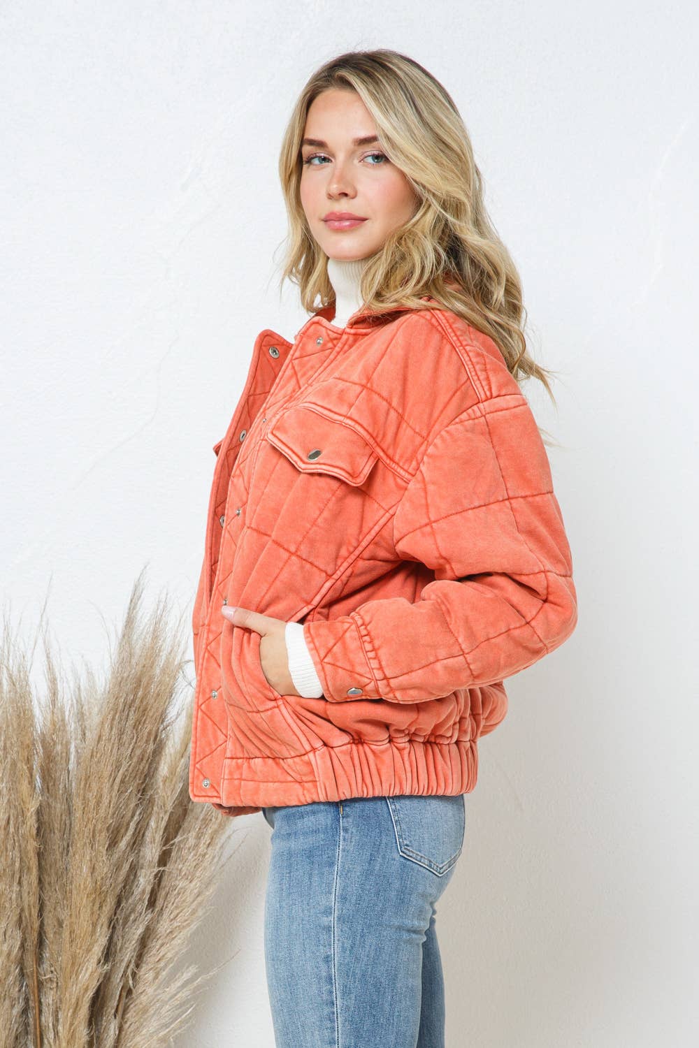 Garment Stone Washed Quilted Pocket Front Jacket