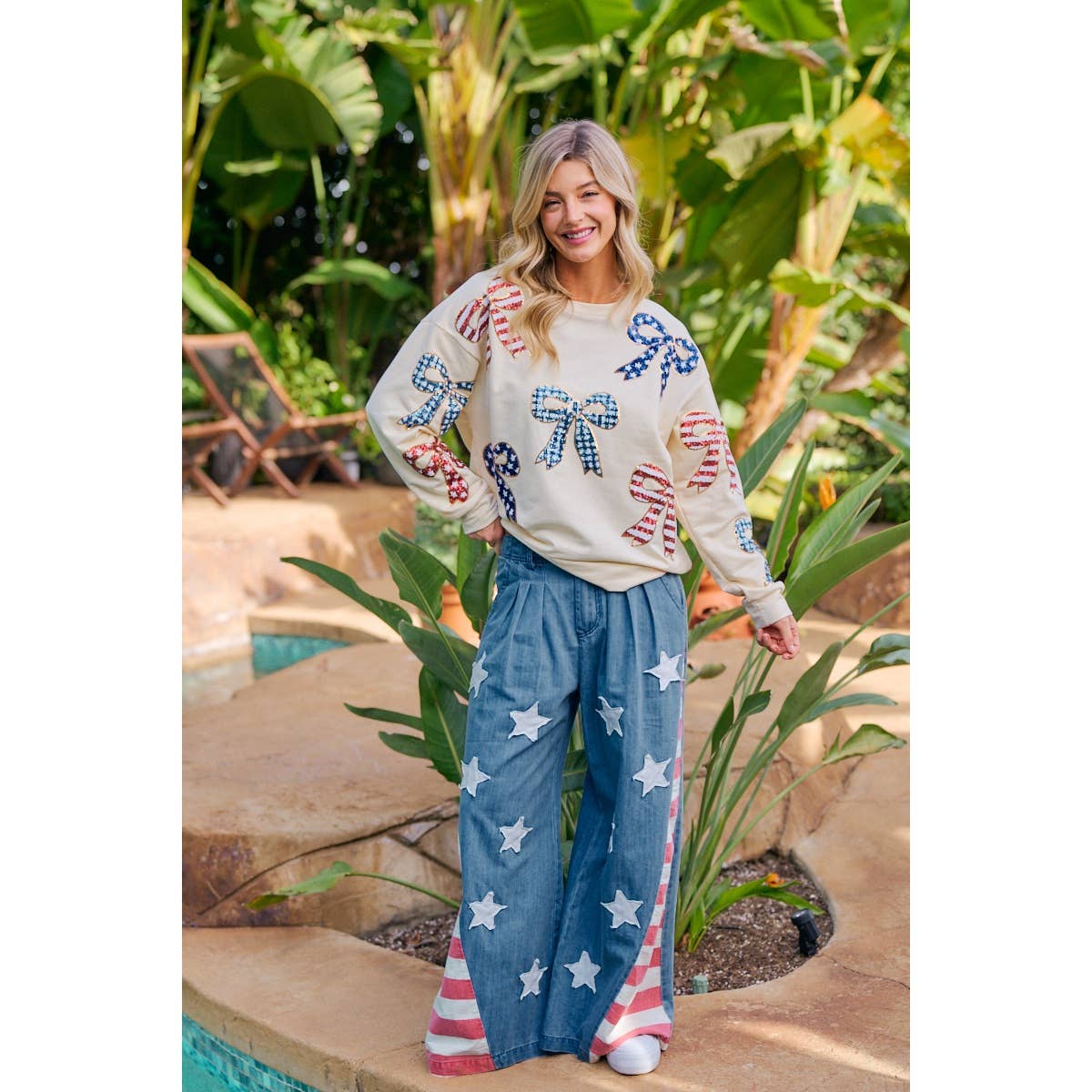 VINTAGE WASHED AMERICAN FLAG STAR CHAMBRAY PANTS
