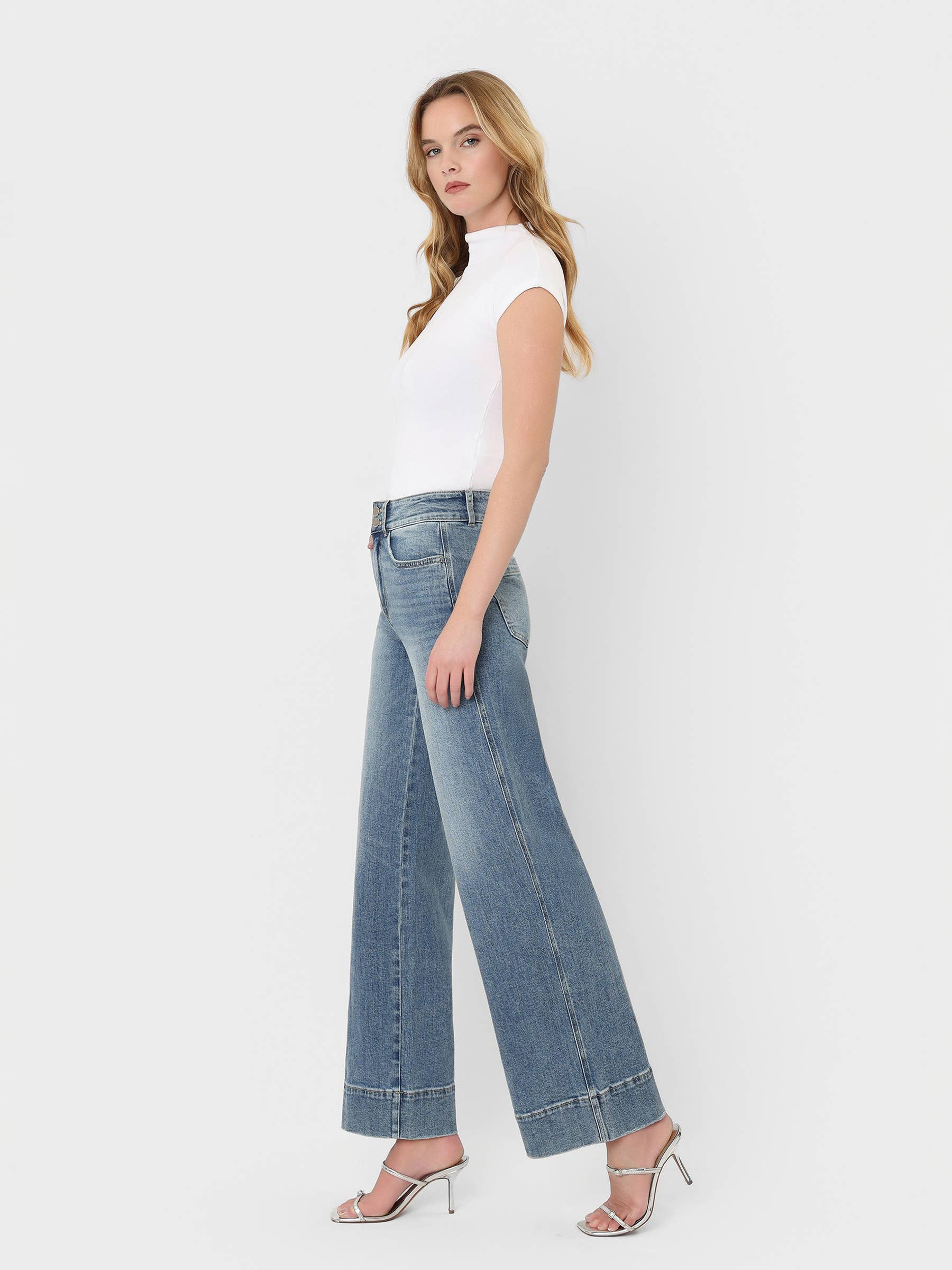 SUPER HIGH RISE HALF YOKE TROUSER HEM WIDE JEANS