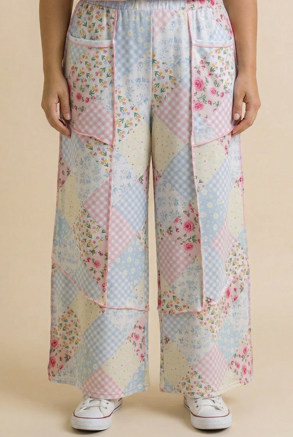 Plus Floral Patchwork Reverse Stitch Wide Leg Pant