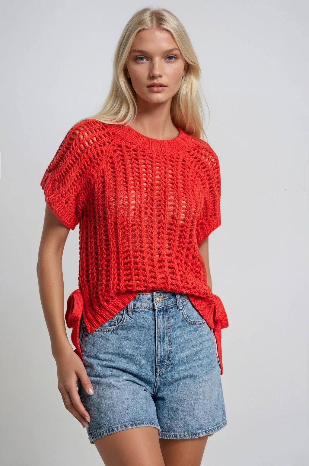 CHUNKY KNIT CROCHET SWEATER TOP WITH SIDE TIES