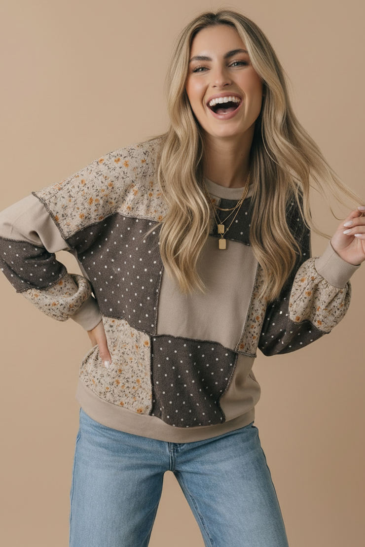 Round Neck Mixed Print Patchwork Pullover