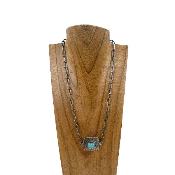 21'' Silver metal chain with blue turquoise stone square pendent Necklace