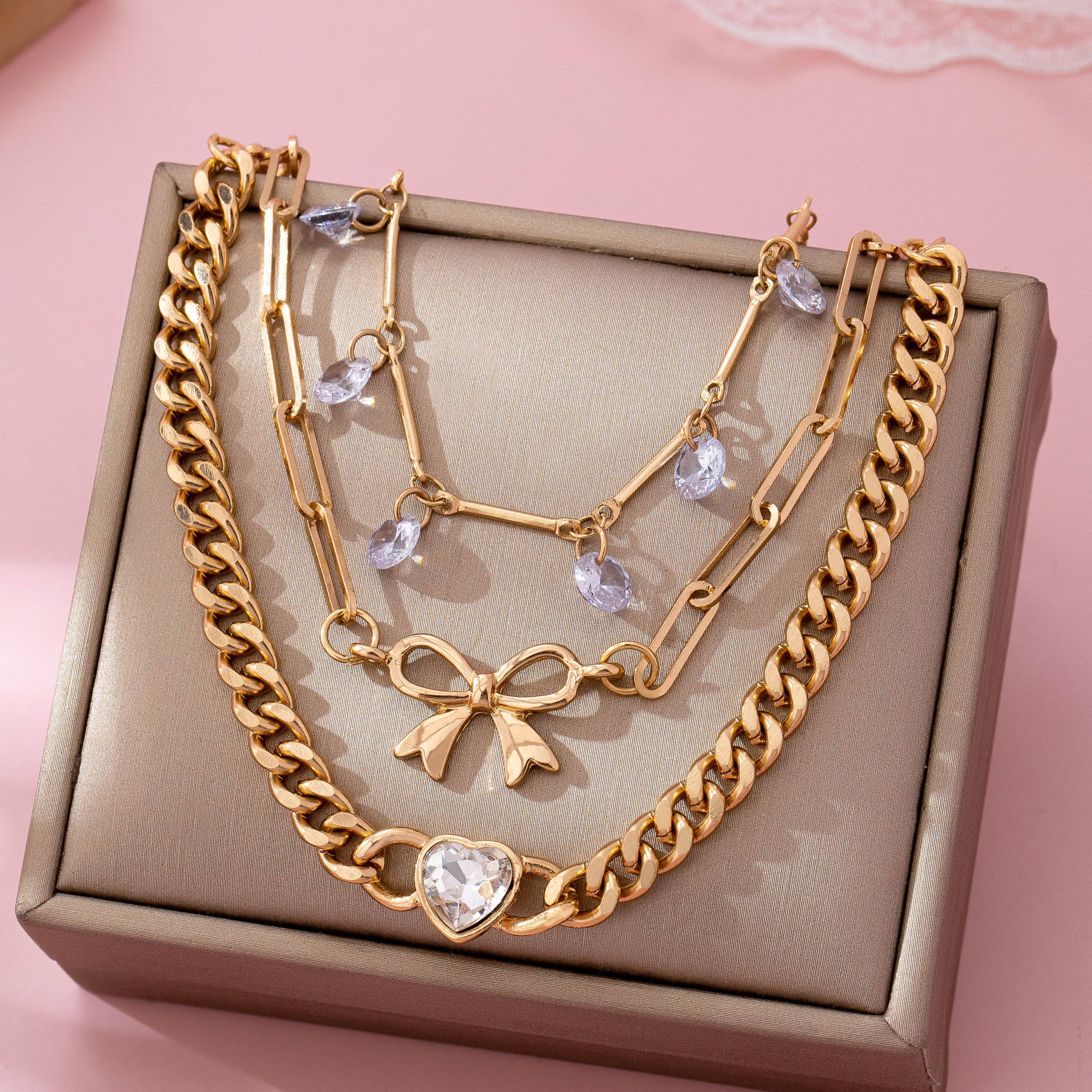 Bow & Crystal Heart Charm Layered Bracelet Set