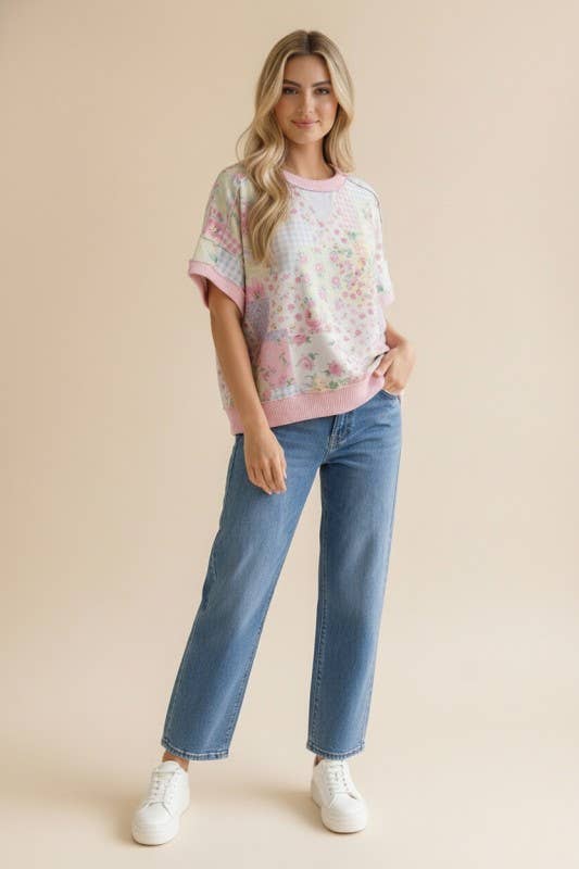 Plus Floral Patchwork Top With Triangle Detail