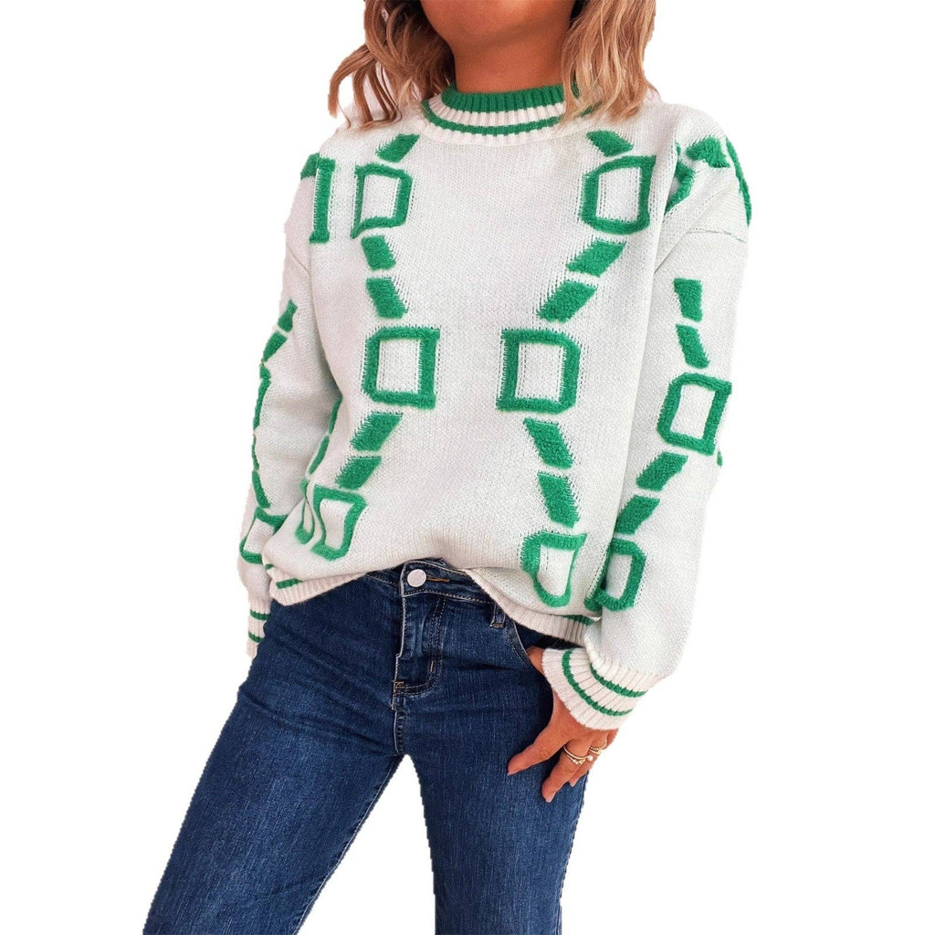 Women's Casual Embroidered Color Block Crewneck Sweater