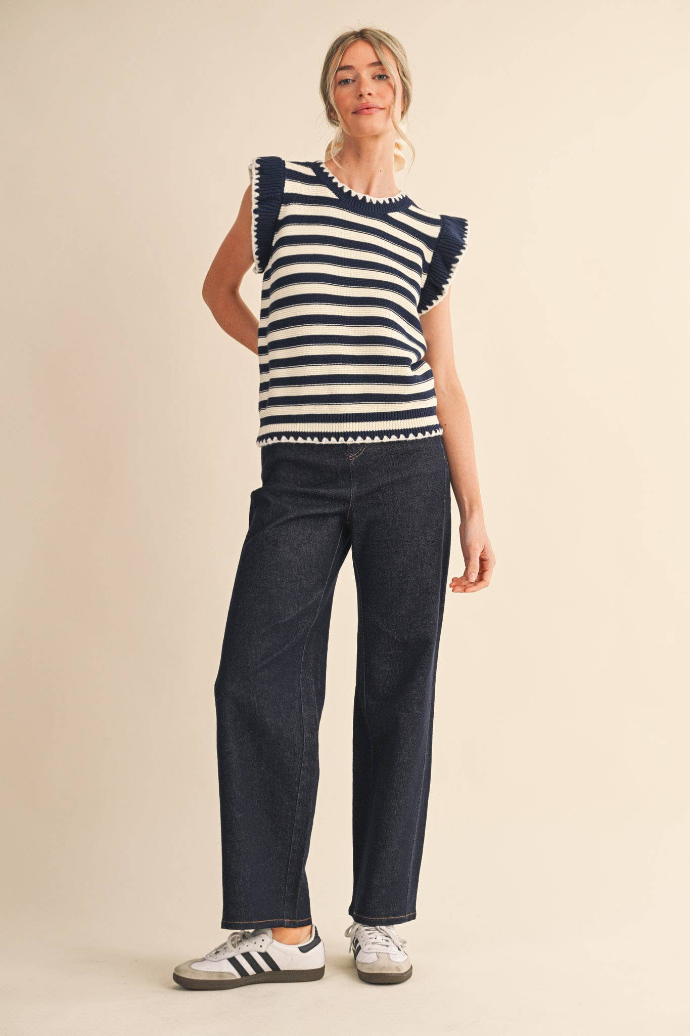 STRIPED FLUTTER SLEEVE SWEATER TOP