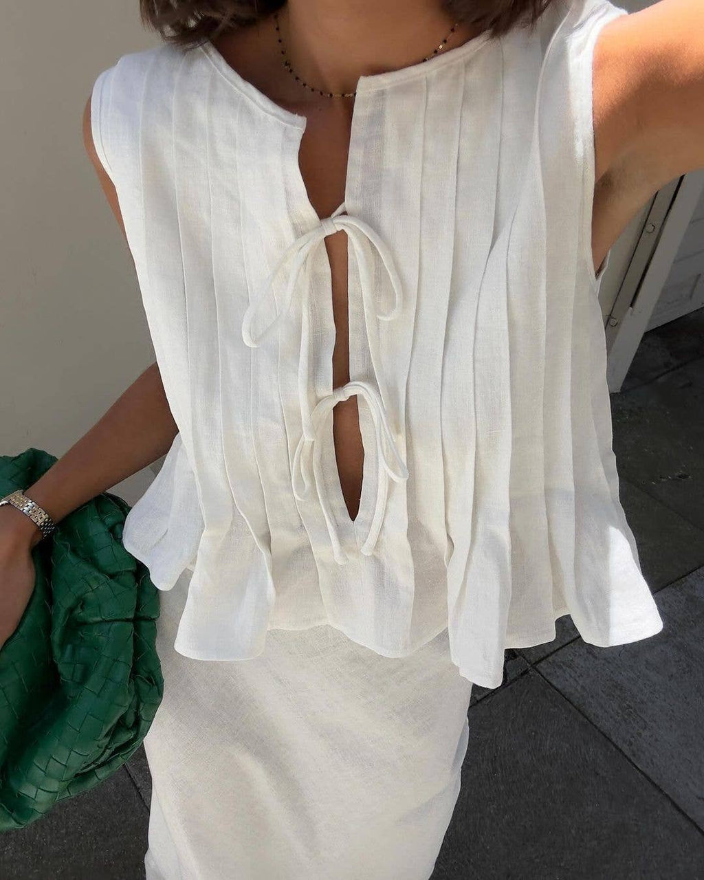 Viral top lace up bow tie front Pleated tank top
