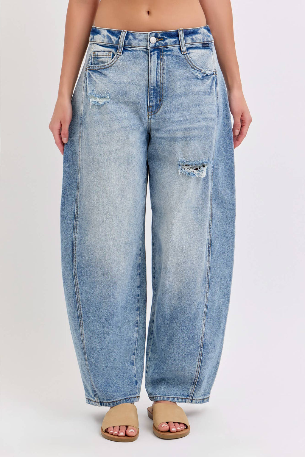 Mid-Waisted Barrel Jeans with Side Panels [WV79502BR-MD]