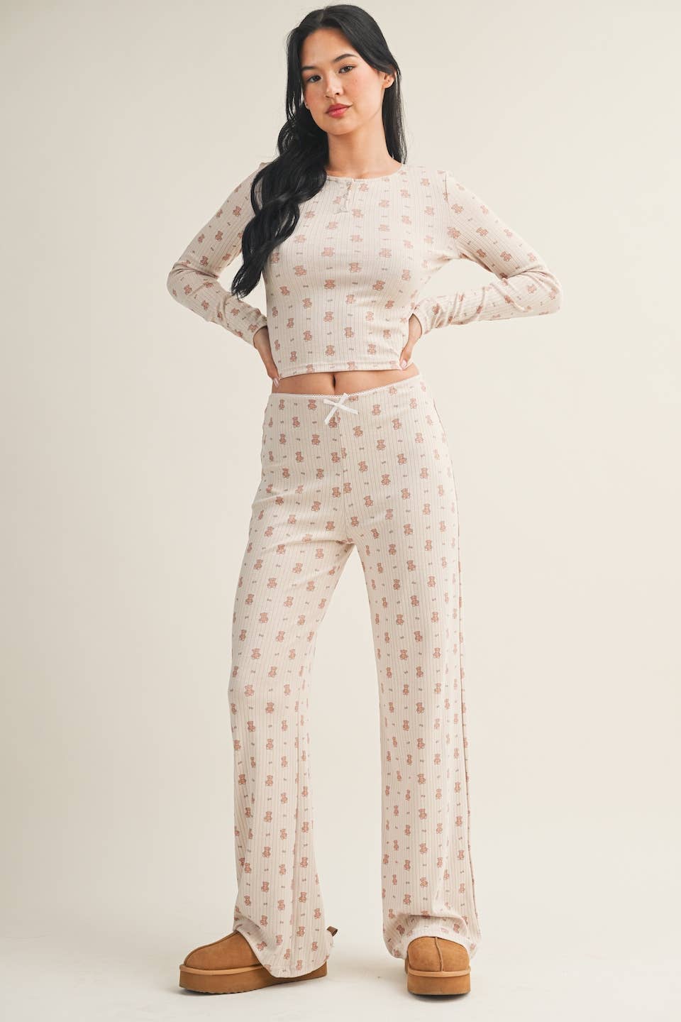 Crewneck Teddy Bear Print Pointelle Lounge Set
