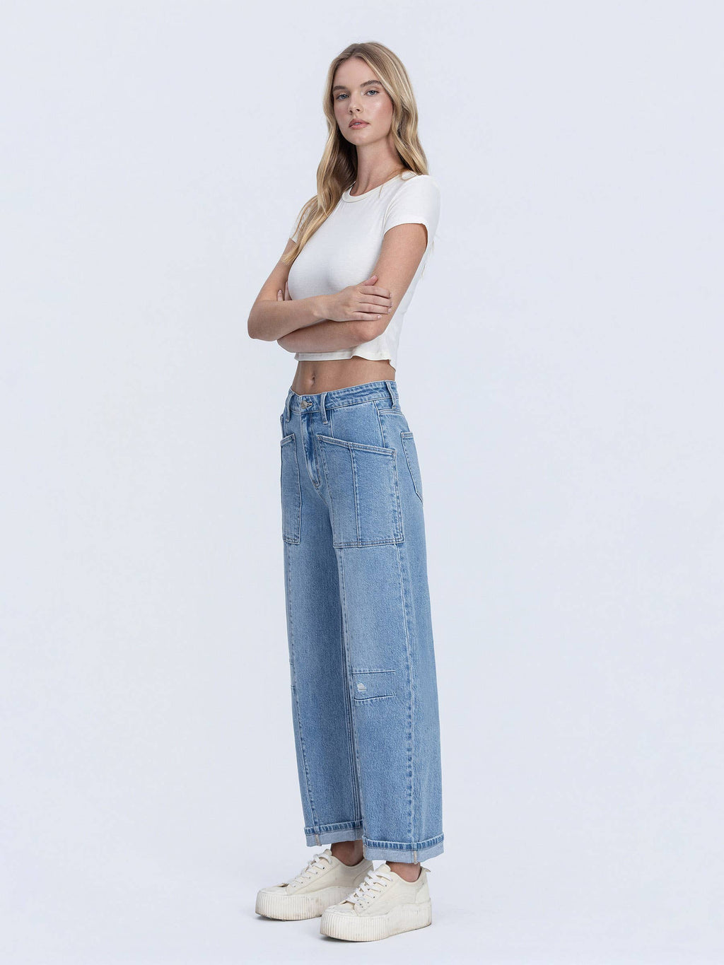 SUPER HIGH RISE PATCH POCKET CUFFED BARREL JEANS F9134