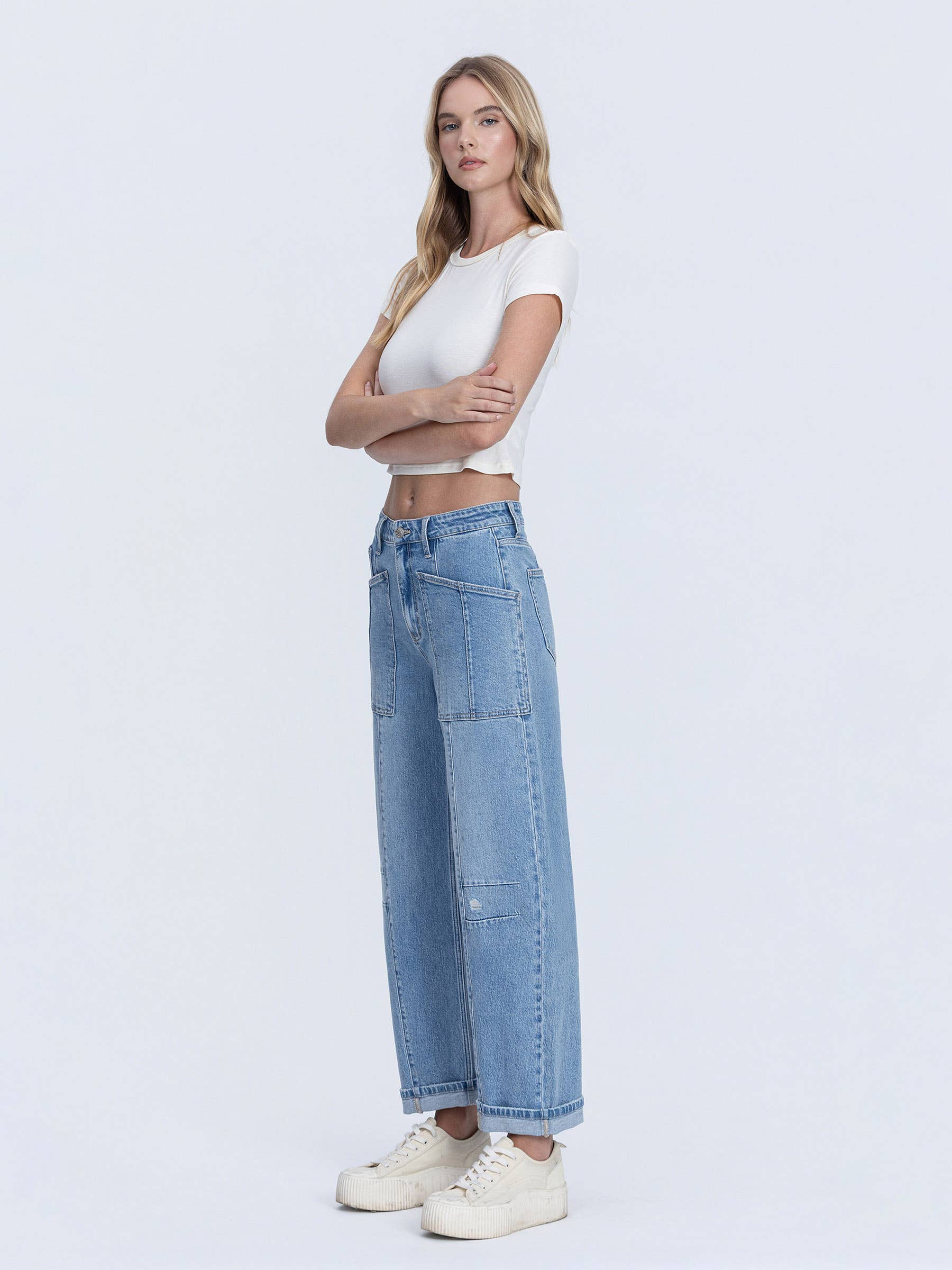 SUPER HIGH RISE PATCH POCKET CUFFED BARREL JEANS F9134
