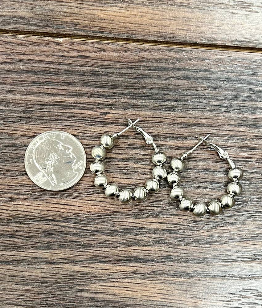 725522, Handmade 25mm Hoop, 6mm Silver Navajo Bead Earrings