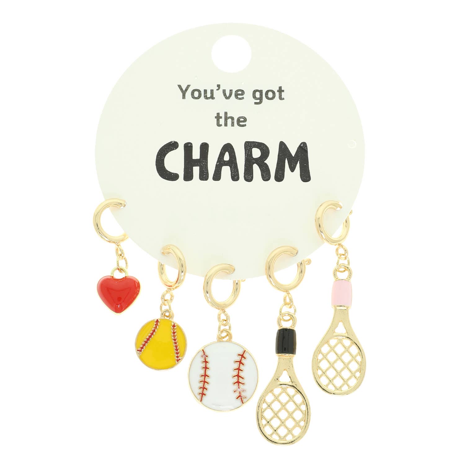 Epoxy Heart, Baseball, Softball, and Tennis Racket Charm Set