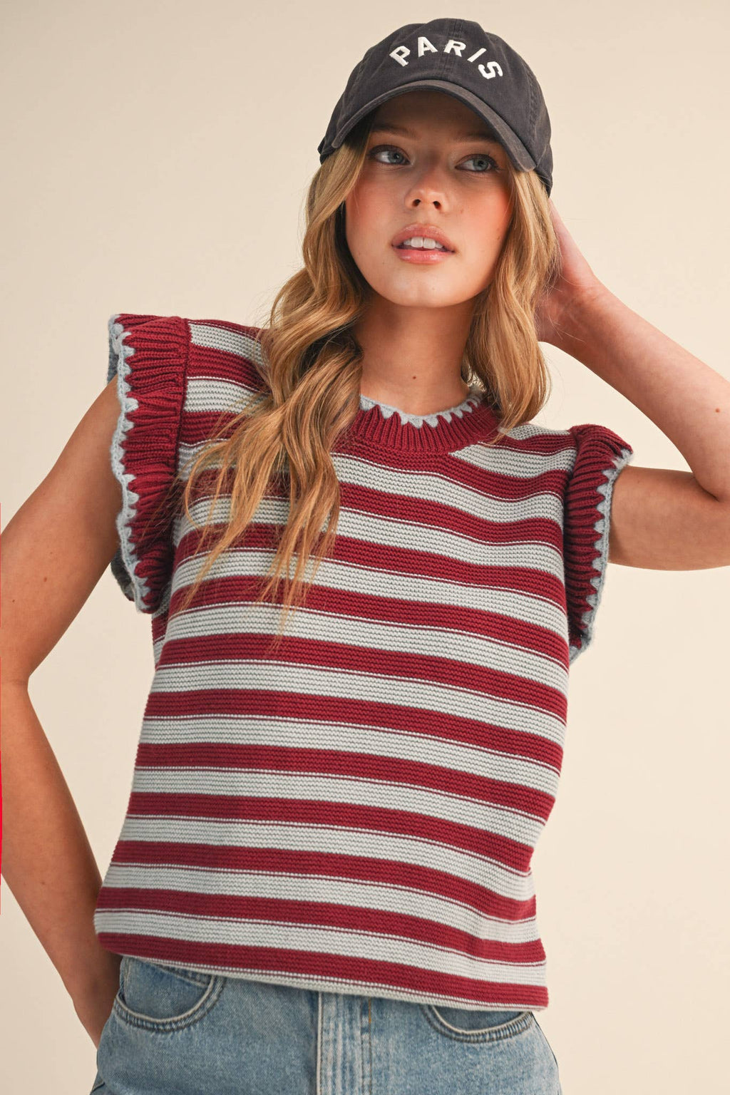 STRIPED FLUTTER SLEEVE SWEATER TOP