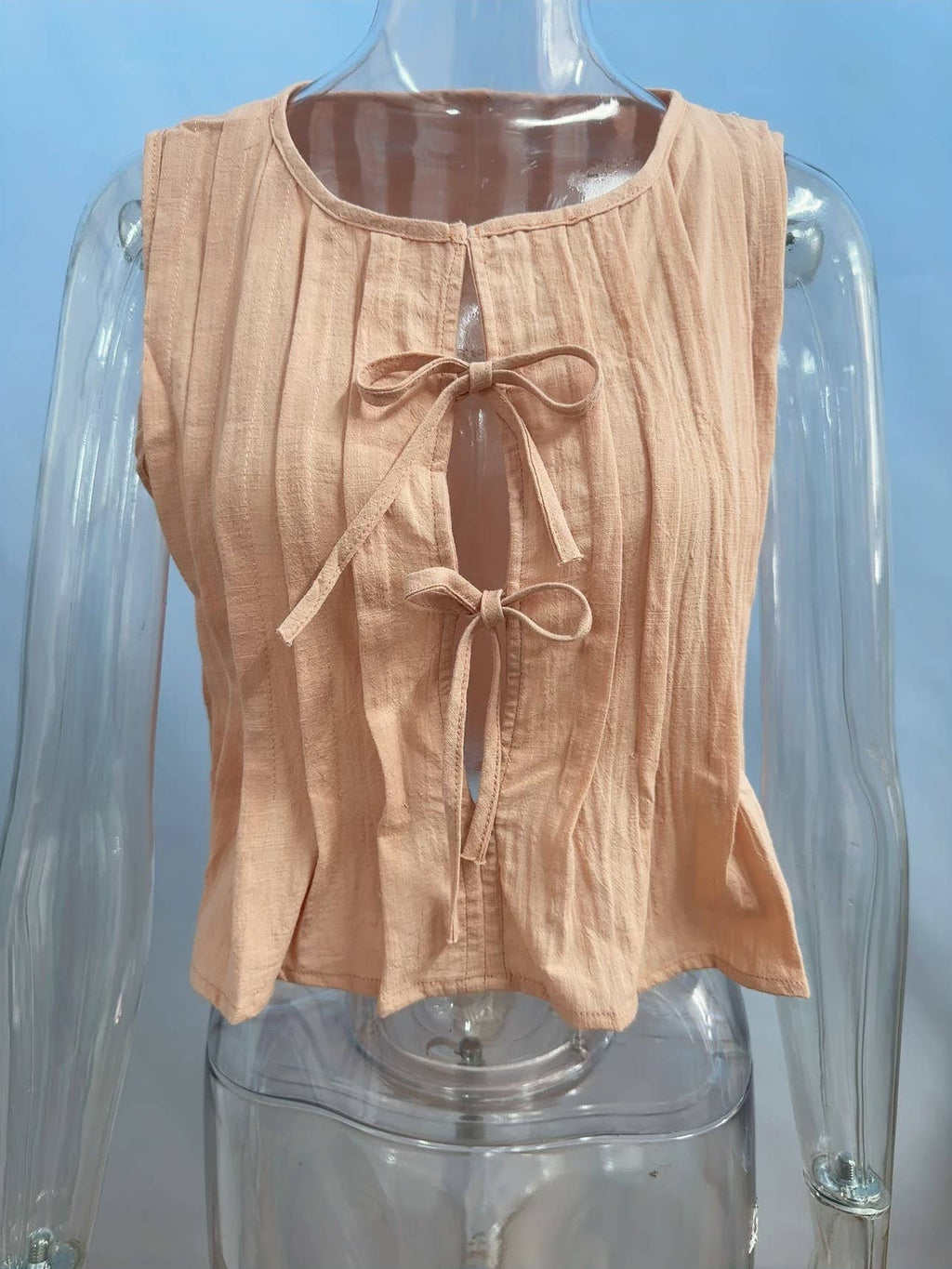 Viral top lace up bow tie front Pleated tank top