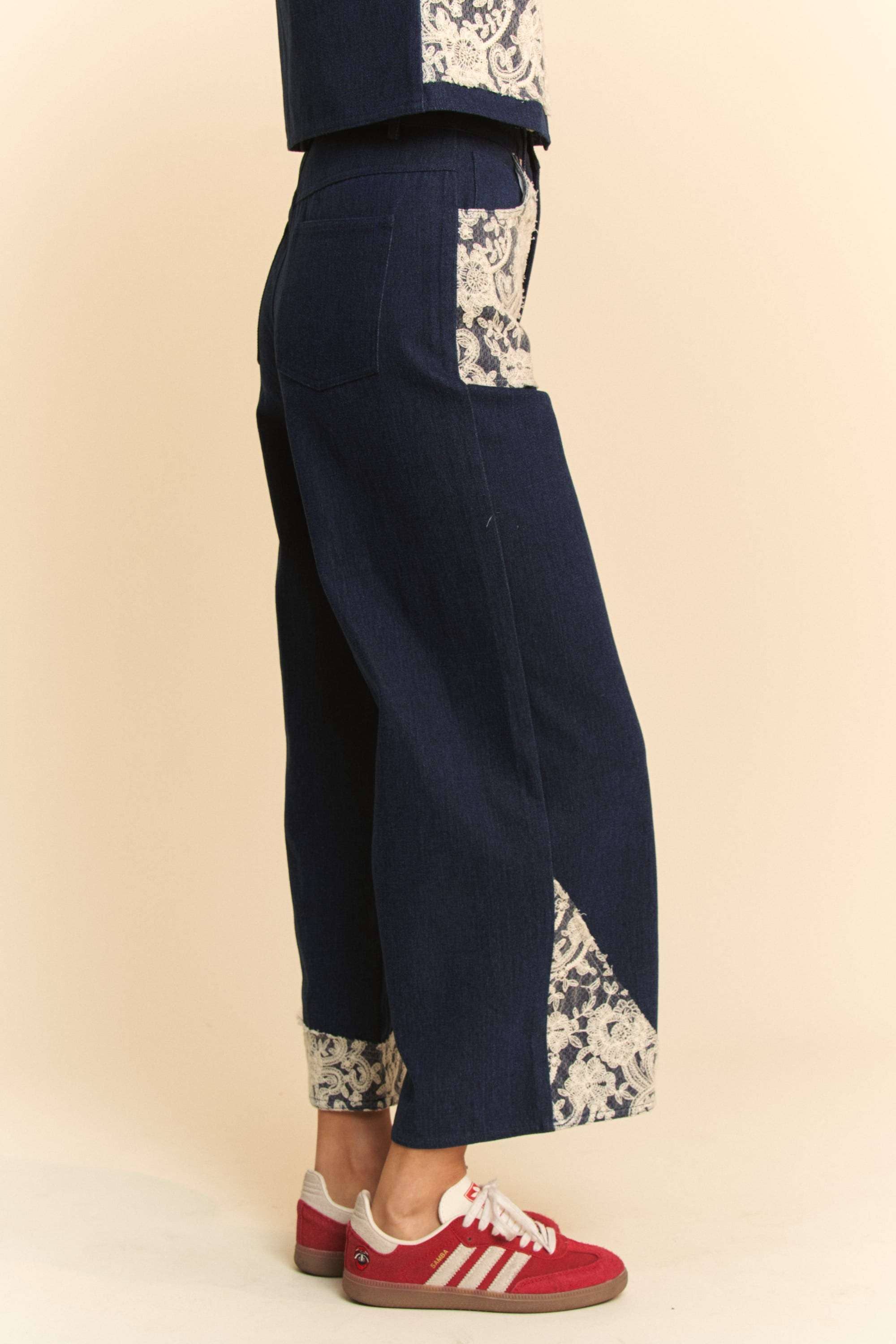 WIDE LEG DENIM PANTS WITH LACE APPLIQUE DETAILS