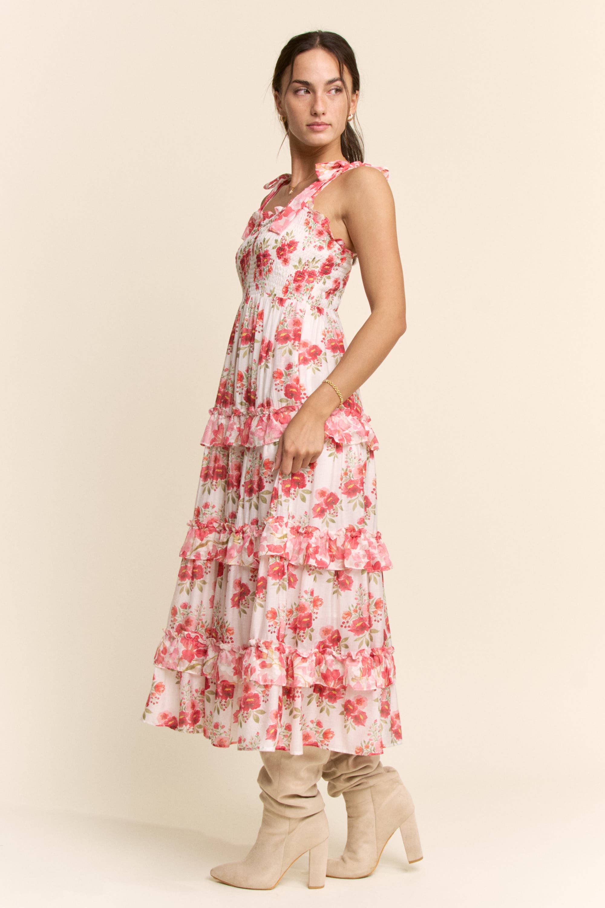 GARDEN FLORAL RUFFLE SMOCK SHOULDER MIDI DRESS