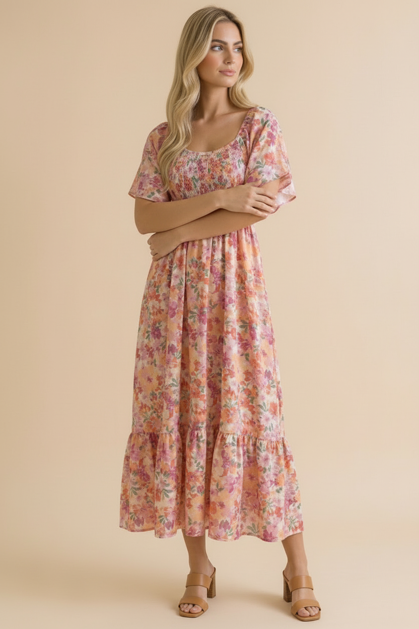Plus Sweetheart Flutter Sleeve Floral Maxi Dress