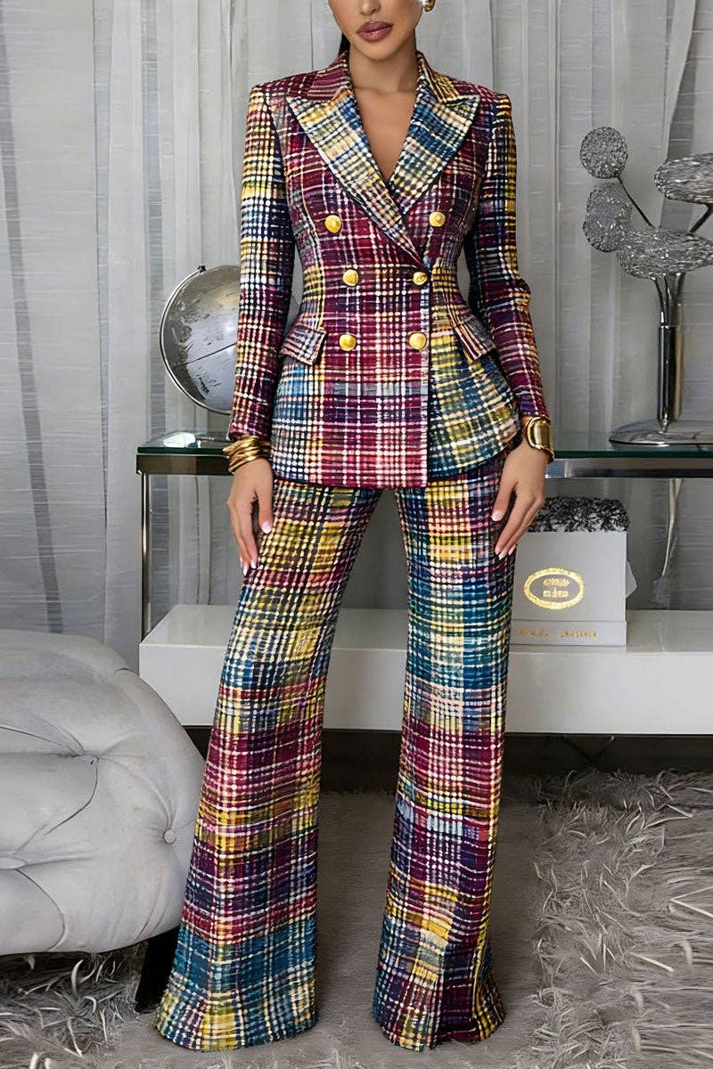 Plaid Double-Breasted Blazer Pants Set