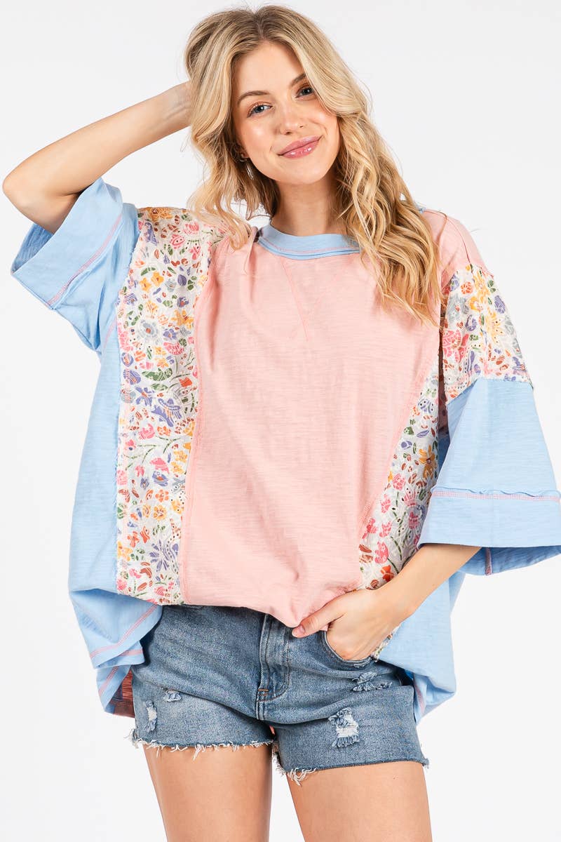 WASHED FLORAL PATCHWORK OVERSIZED CONTRAST TEE