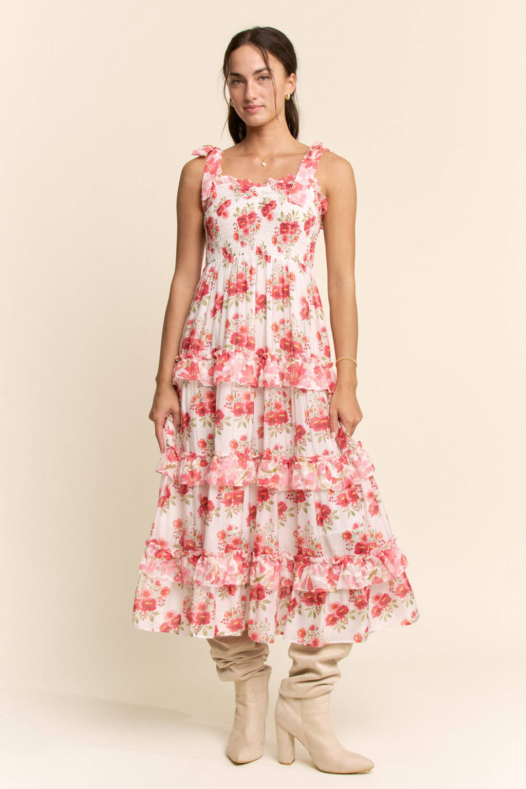 GARDEN FLORAL RUFFLE SMOCK SHOULDER MIDI DRESS