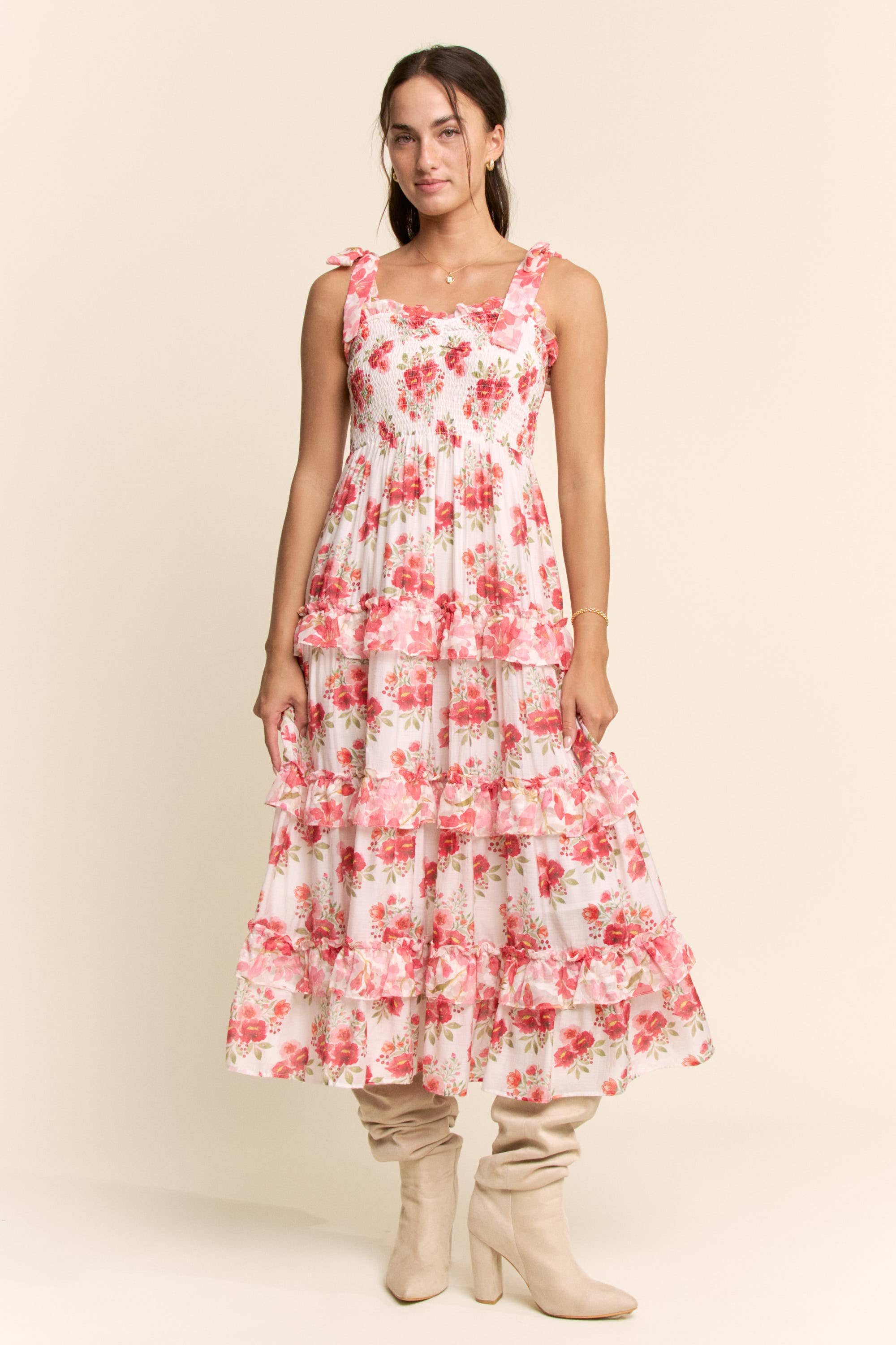 GARDEN FLORAL RUFFLE SMOCK SHOULDER MIDI DRESS