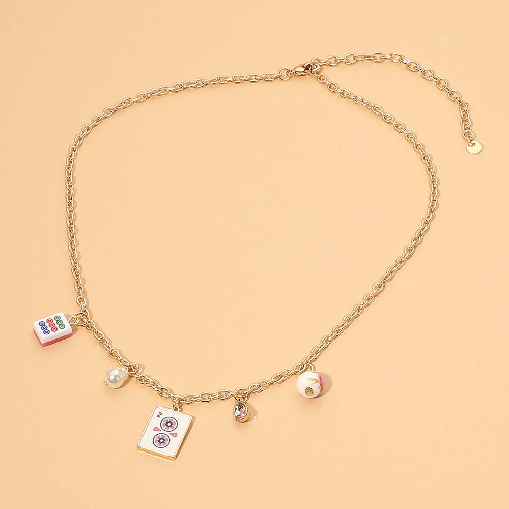 Mahjong Tile Pearl Stone Charm Necklace