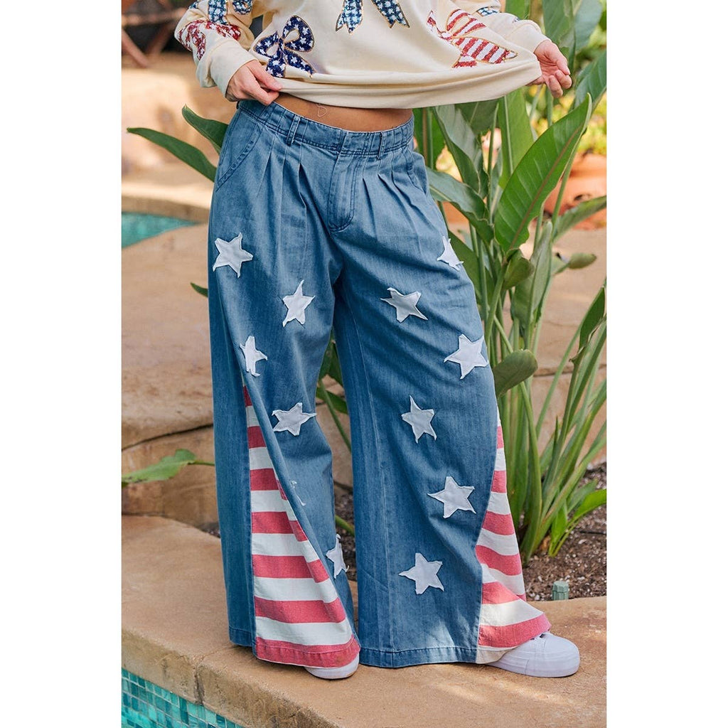 VINTAGE WASHED AMERICAN FLAG STAR CHAMBRAY PANTS