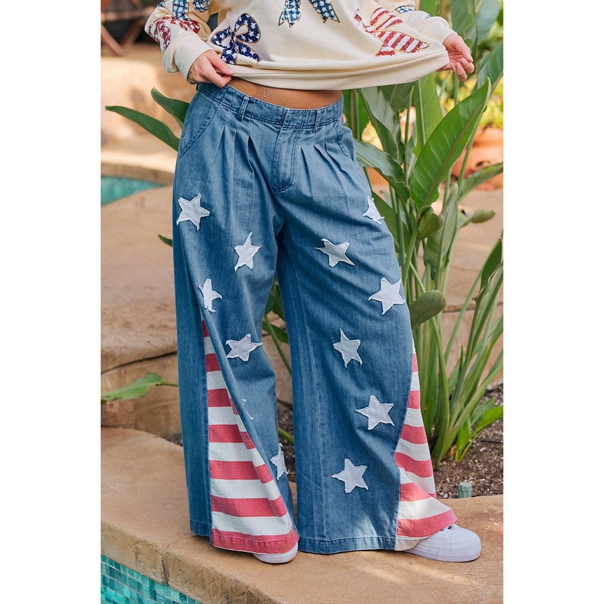 VINTAGE WASHED AMERICAN FLAG STAR CHAMBRAY PANTS