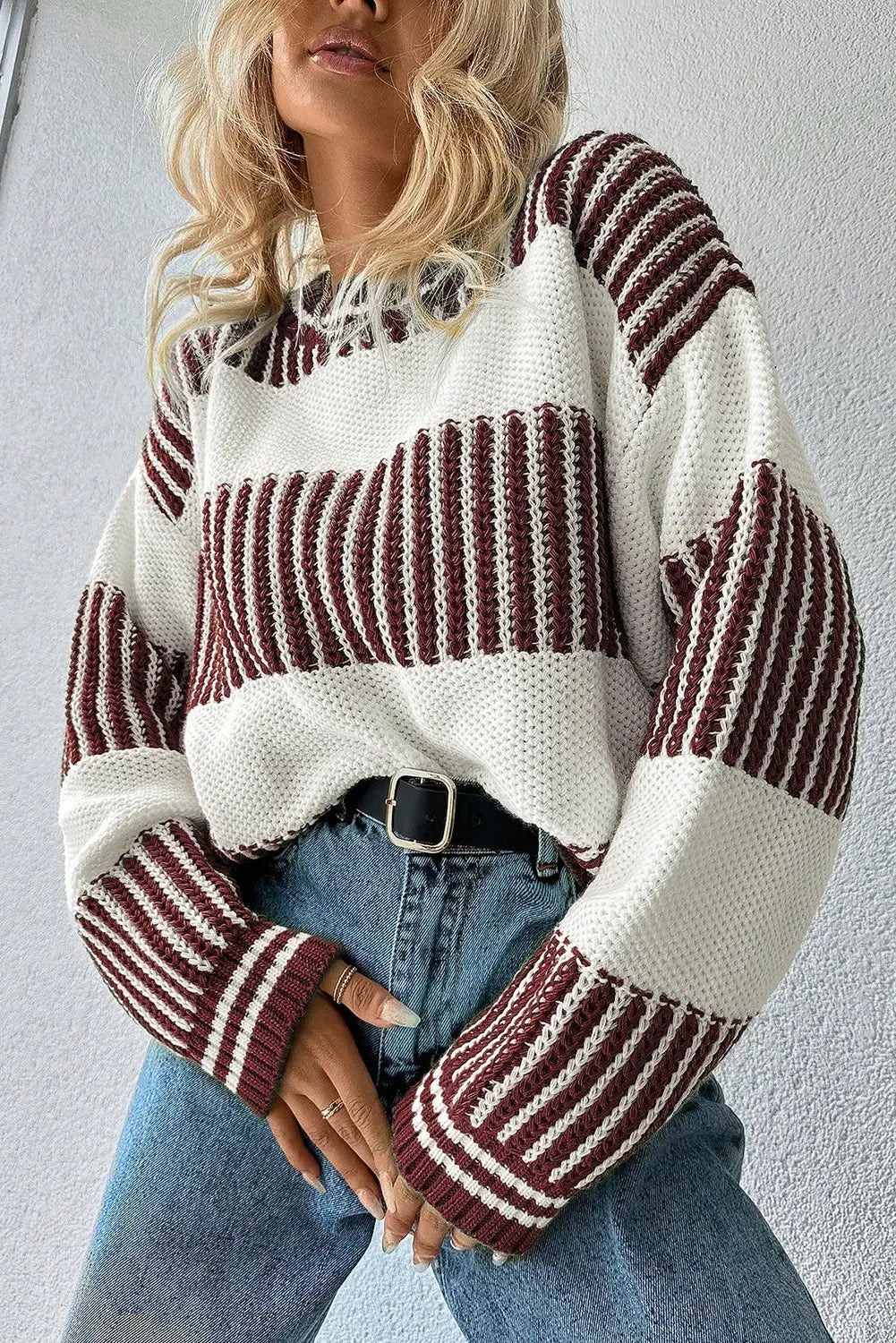 Two Tone Striped Patchwork Drop Shoulder Loose Sweater