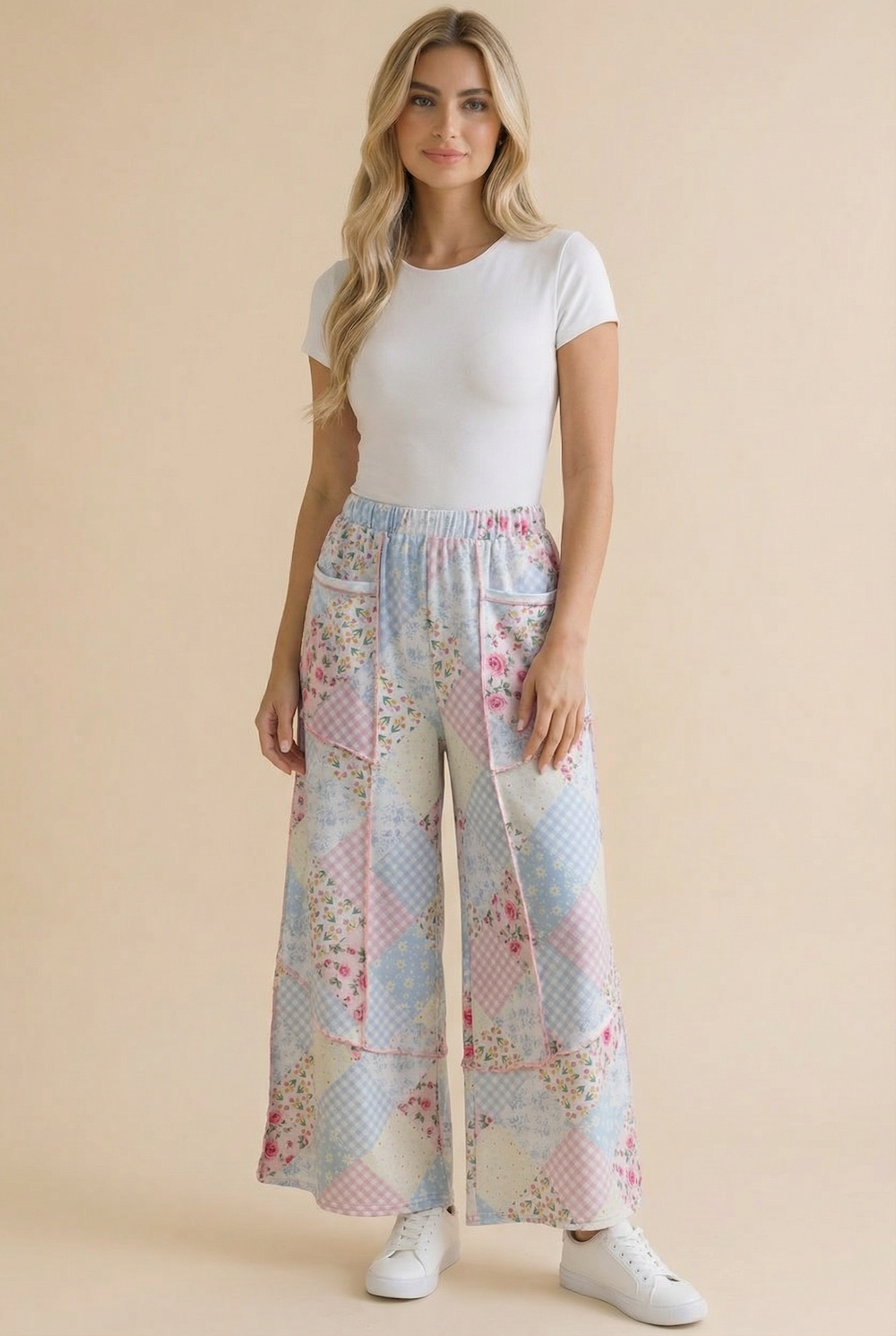 Floral Patchwork Reverse Stitch Wide Leg Pants