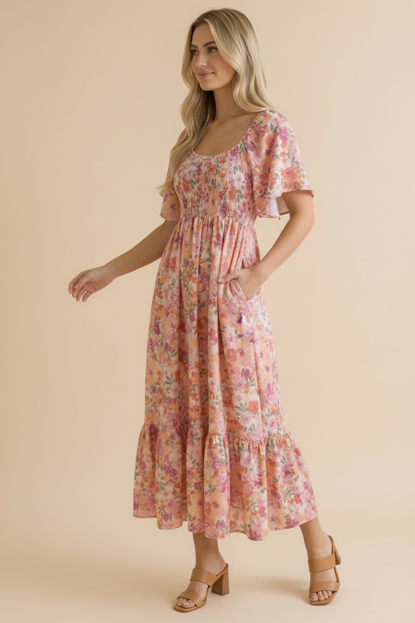 Plus Sweetheart Flutter Sleeve Floral Maxi Dress