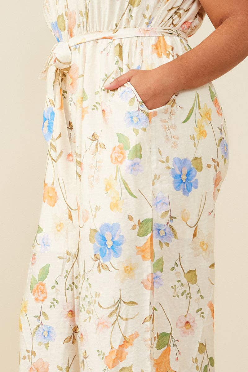 Womens Textured Floral Smock Neck Sleeveless Jumpsuit