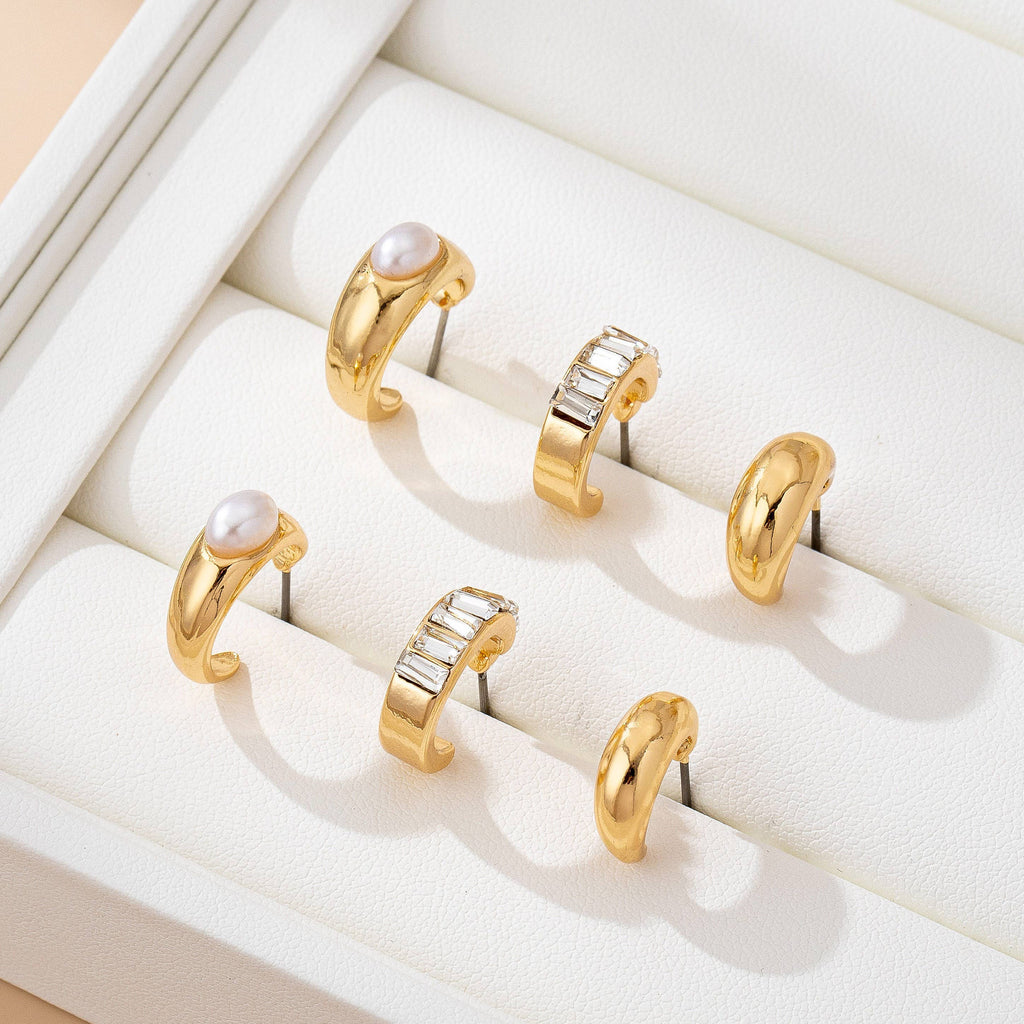 Pearl & Baguette Huggie Hoop Trio Earring Set |