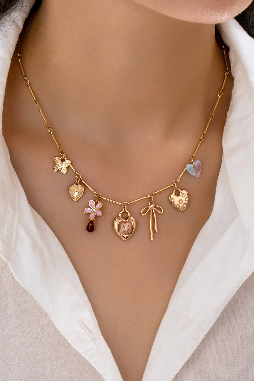 CHARM NECKLACE-HEARTS FLOWER BOW BUTTERFLY