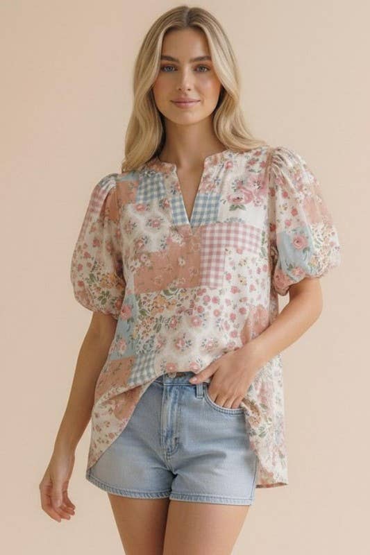 Plus Notch Neck Puff Sleeve Floral Patchwork Top