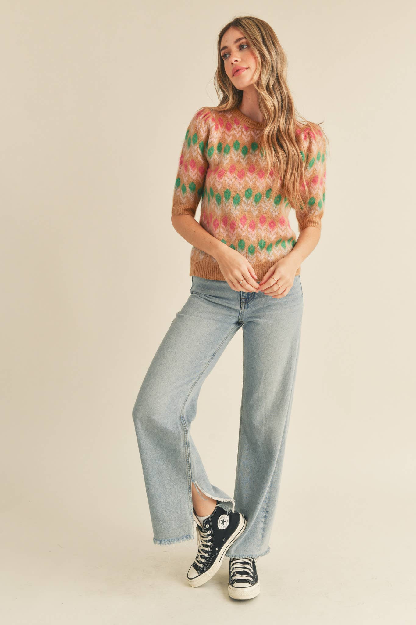 FLORAL KNIT SHORT PUFF SLEEVE SWEATER TOP
