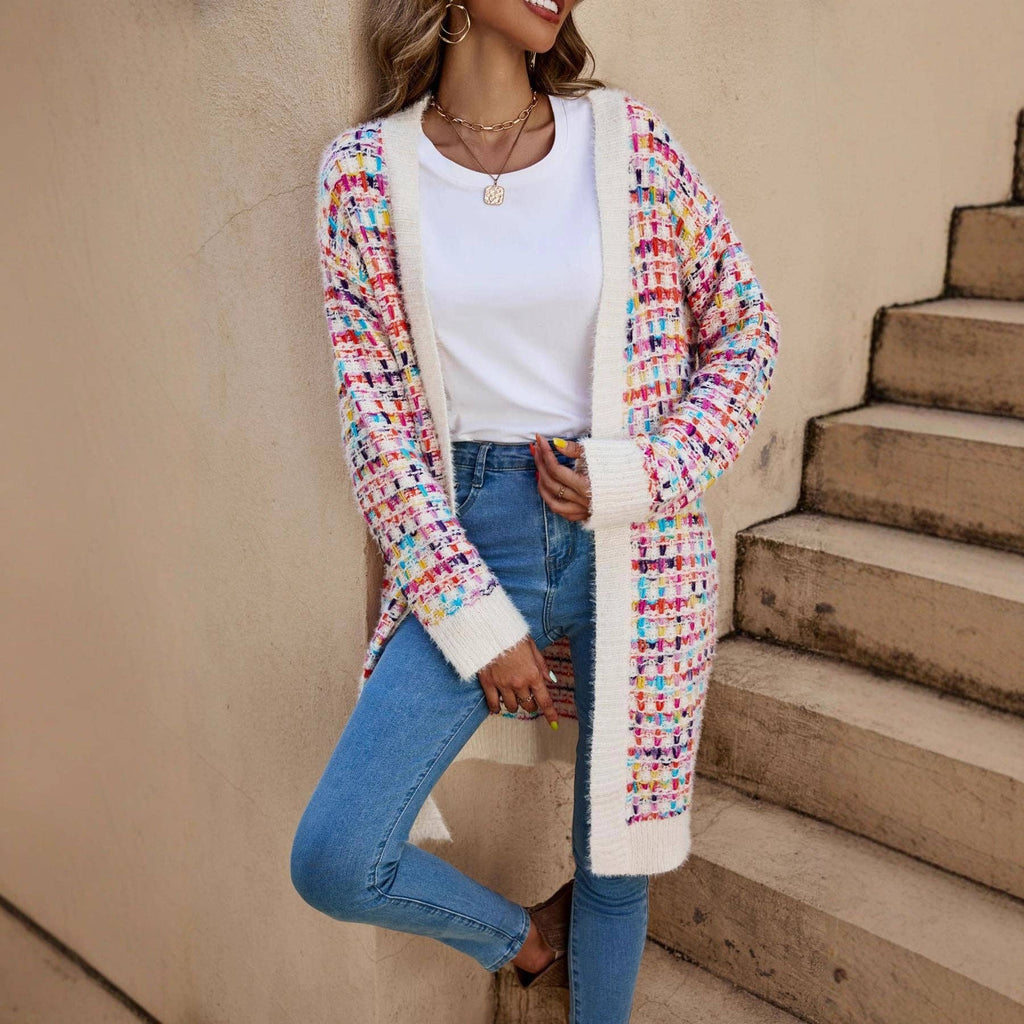 Apricot Color Block V Neck Midi Length Knit Cardigan
