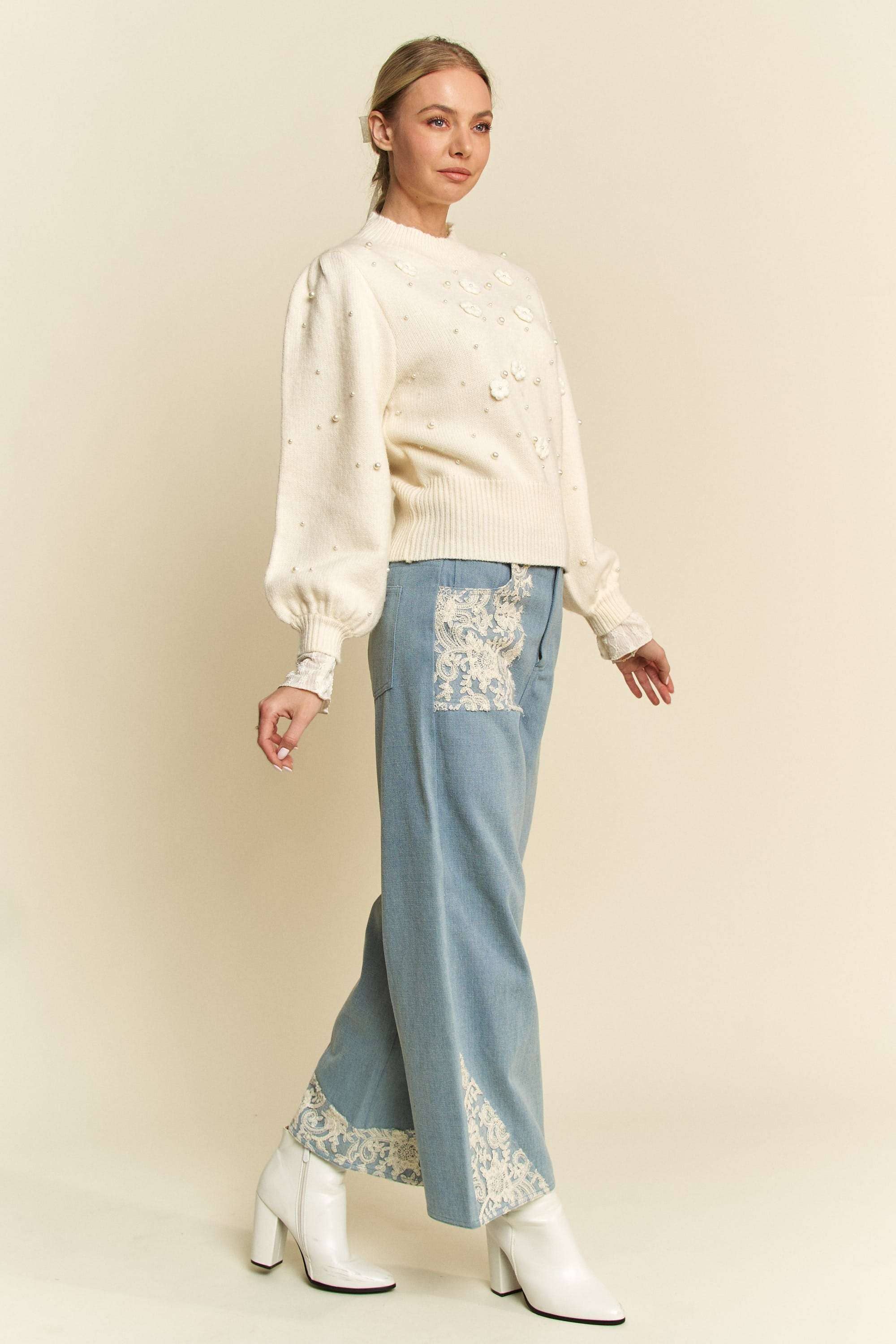 WIDE LEG DENIM PANTS WITH LACE APPLIQUE DETAILS