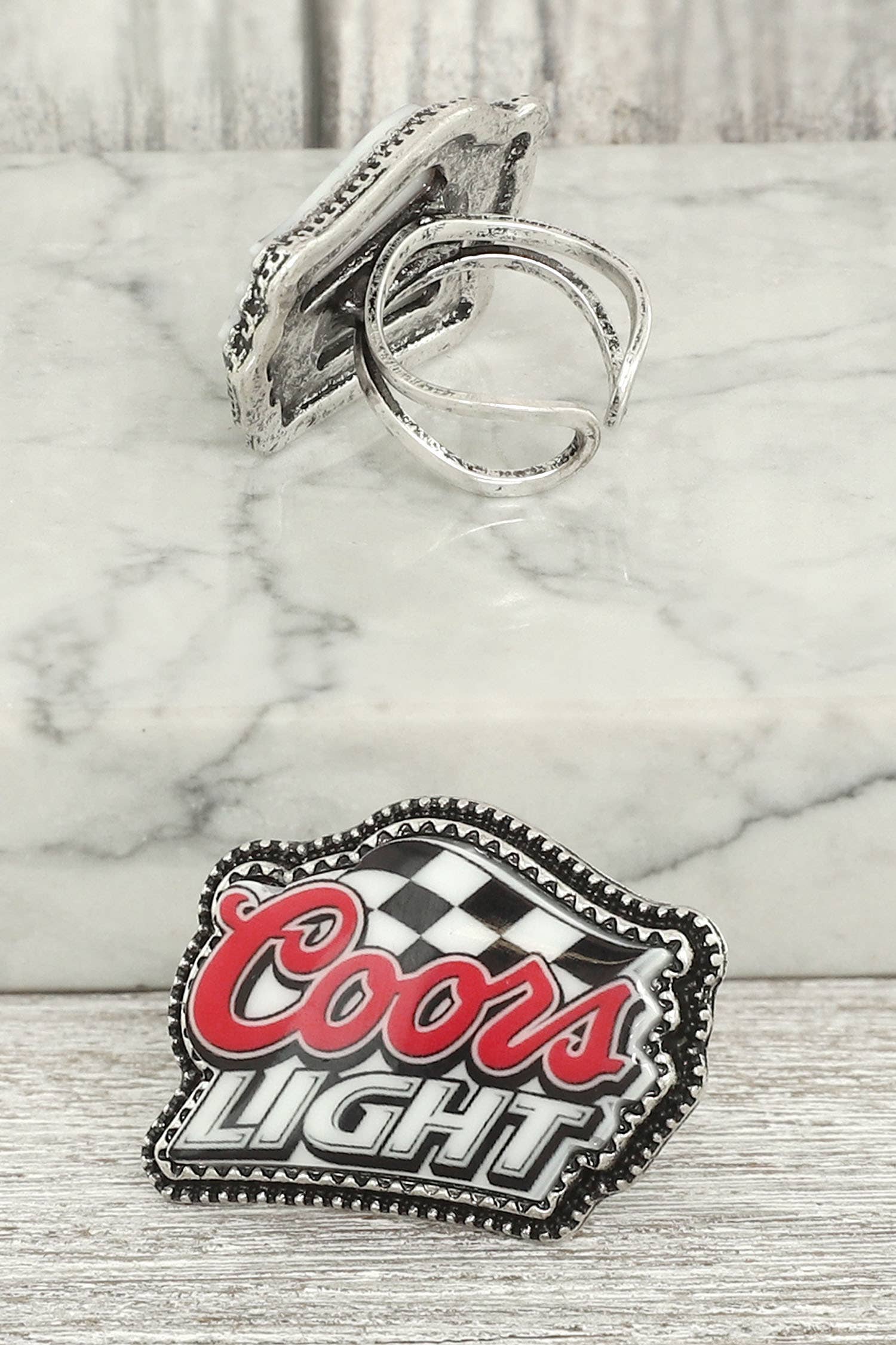 Western Enamel Beer Logo Cuff Ring with Checker Flag