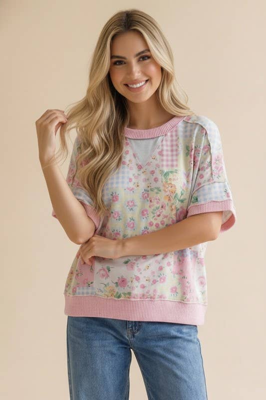 Plus Floral Patchwork Top With Triangle Detail