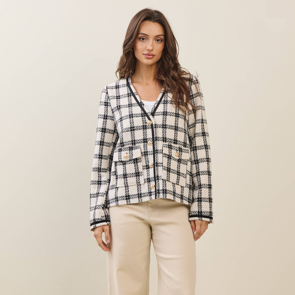 Plaid Collarless V-neck Jacket