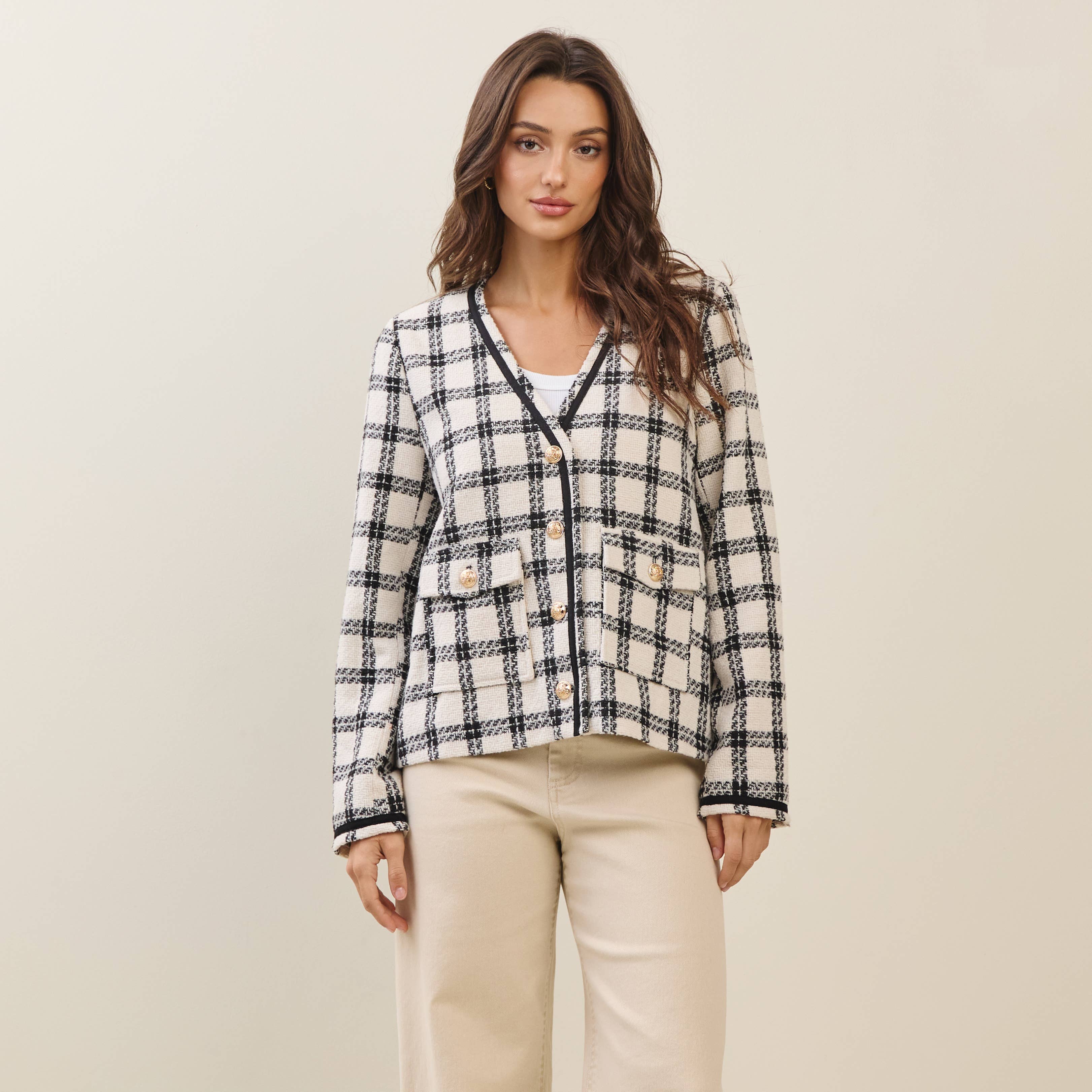 Plaid Collarless V-neck Jacket