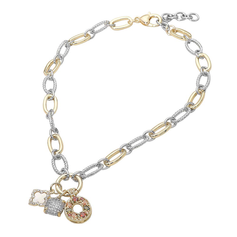 14K Gold Plated Two Tone CZ Stone Square Ring Mother of Pearl Quatrefoil Charm Pendant Chunky Textured Oval Link Necklace