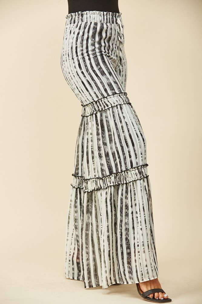 CHIFFON STRIPE PRINT TIERED PALAZZO PANTS