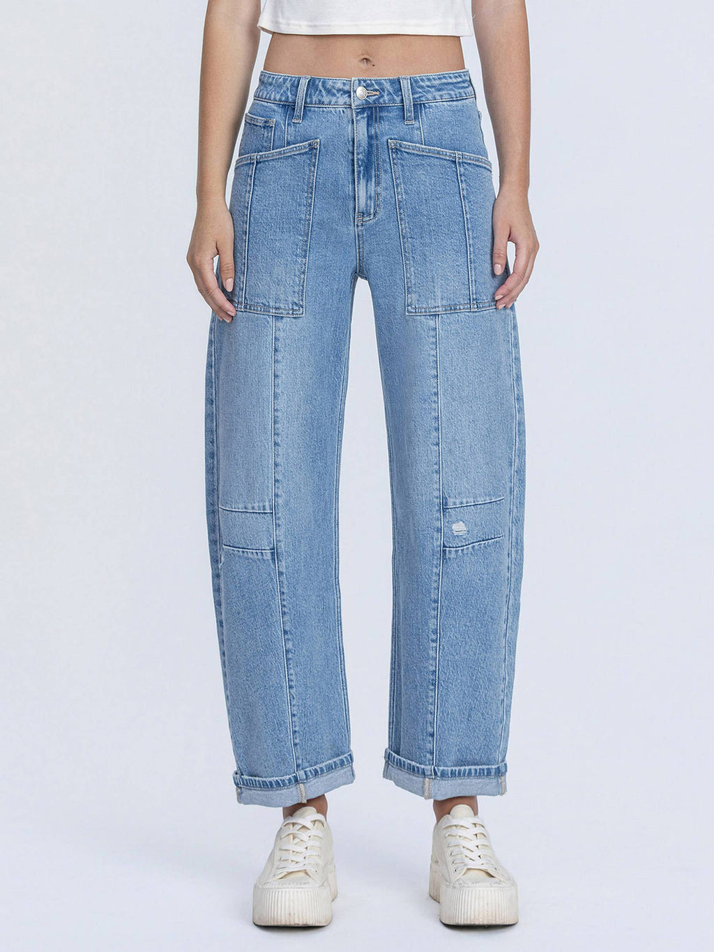 SUPER HIGH RISE PATCH POCKET CUFFED BARREL JEANS F9134